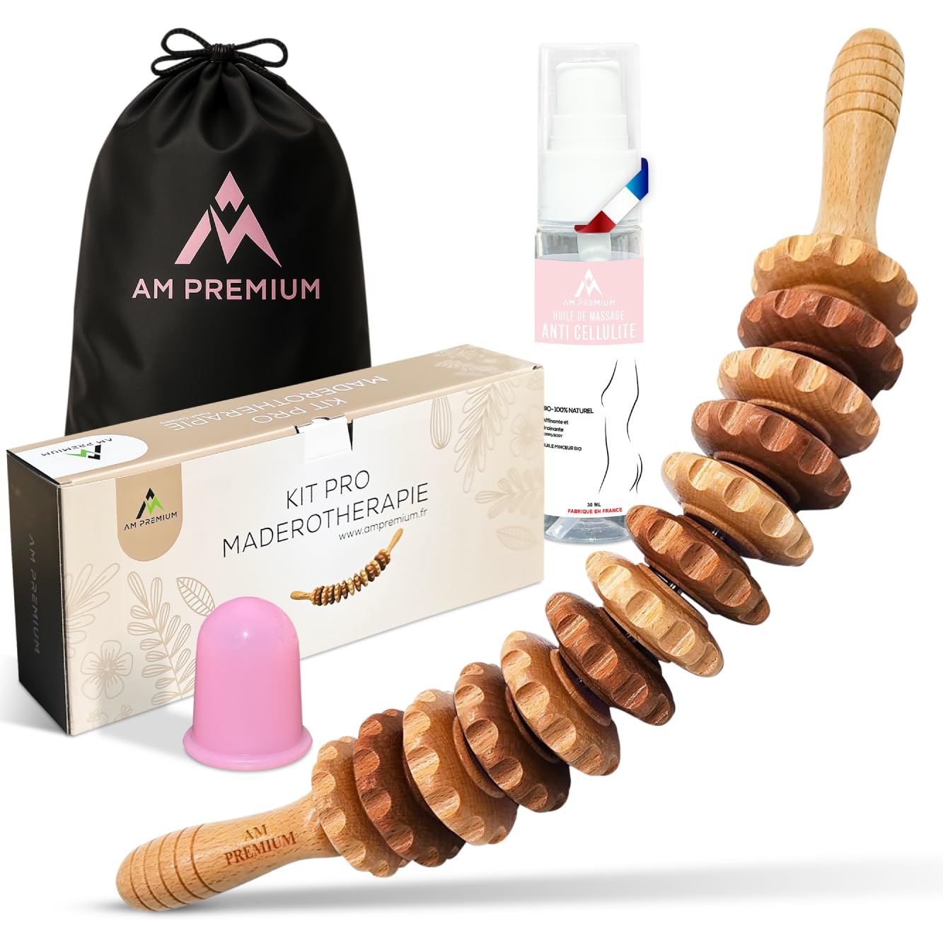 kit de MADEROTHERAPIE avec HUILE et Ventouse, Palper Rouler anti cellulte, Drainage Lymphatique, Jambes lourdes, kits de massage, madérotherapie ventre