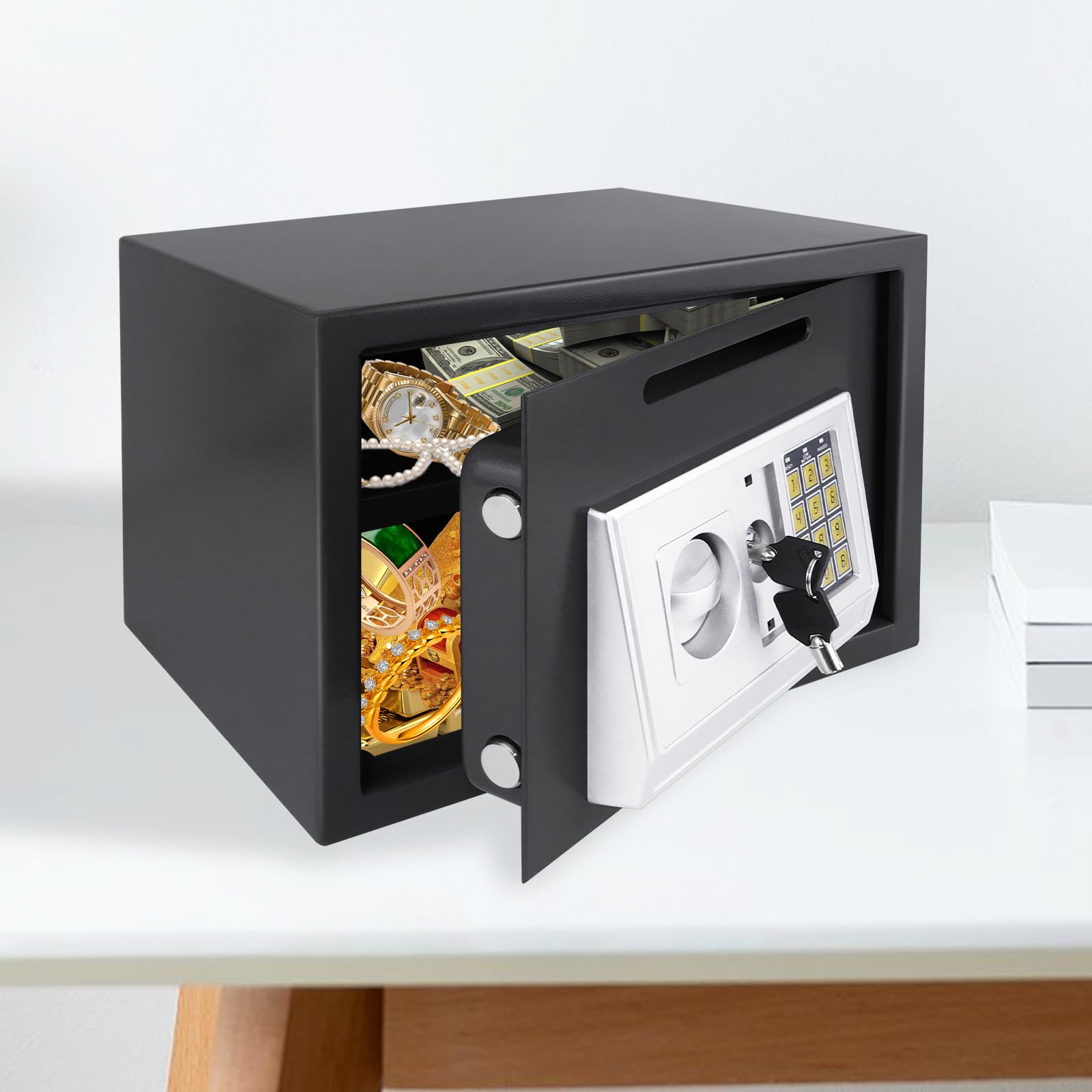 Safebox - Cassaforte digitale in acciaio con due tastiere/tastiera digitale, per casa, lavoro, ufficio, hotel, denaro, documenti, gioielli, passaporto, 16 l, 35 x 25 x 25 cm, nero