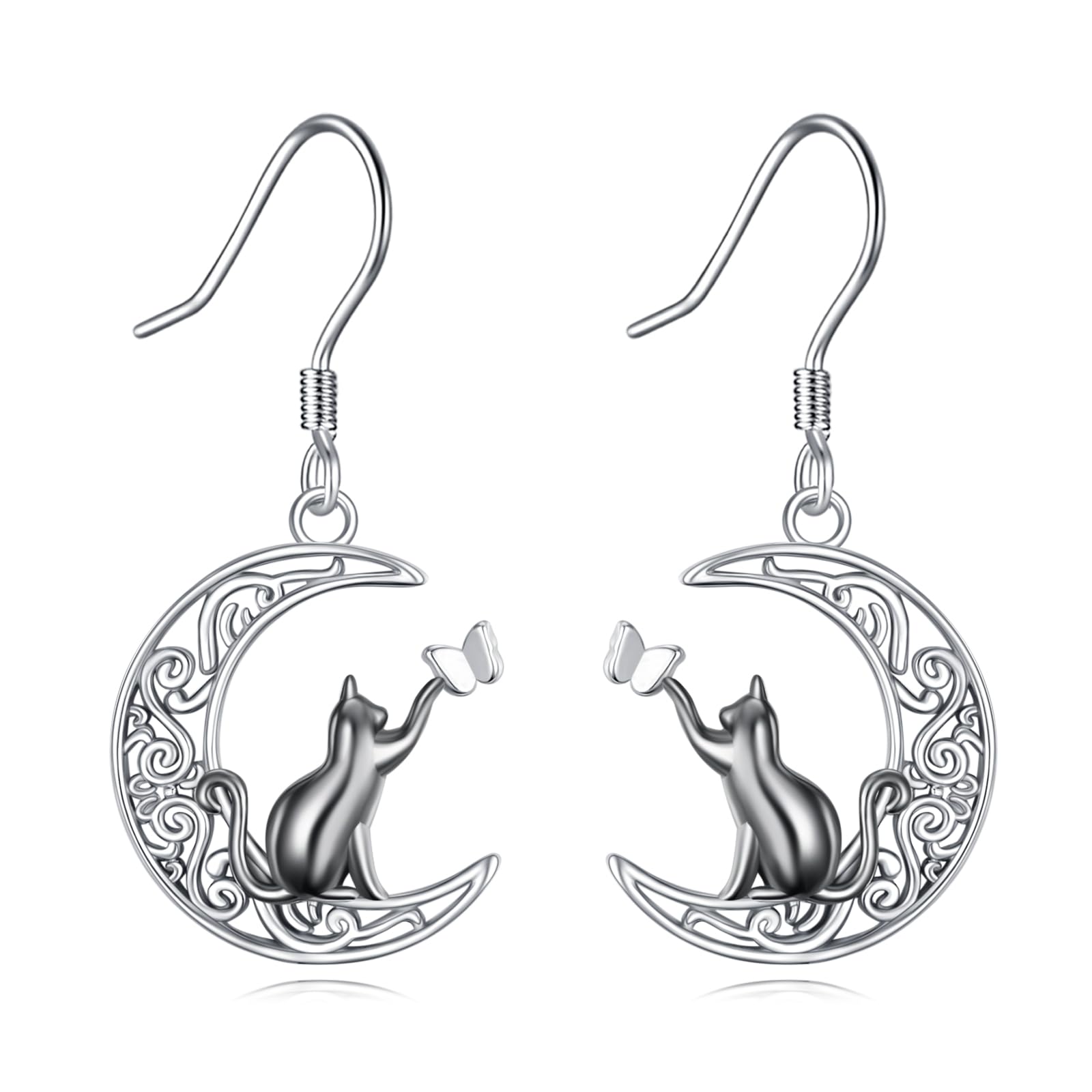 JERWLI Black Cat Earrings 925 Sterling Silver Cute Animal Crescent Moon Cat Dangle Drop Earrings Jewelry Gifts for Cats Lover