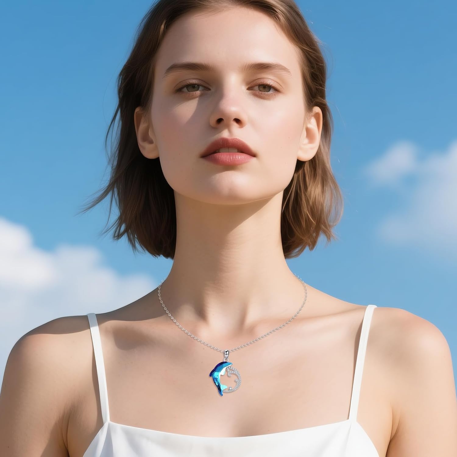 YAFEINI Dolphin Necklace 925 Sterling Silver Blue Crystal Beach Themed Pendant Necklace Ocean Jewelry Dolphin Gifts for Women - Image 2