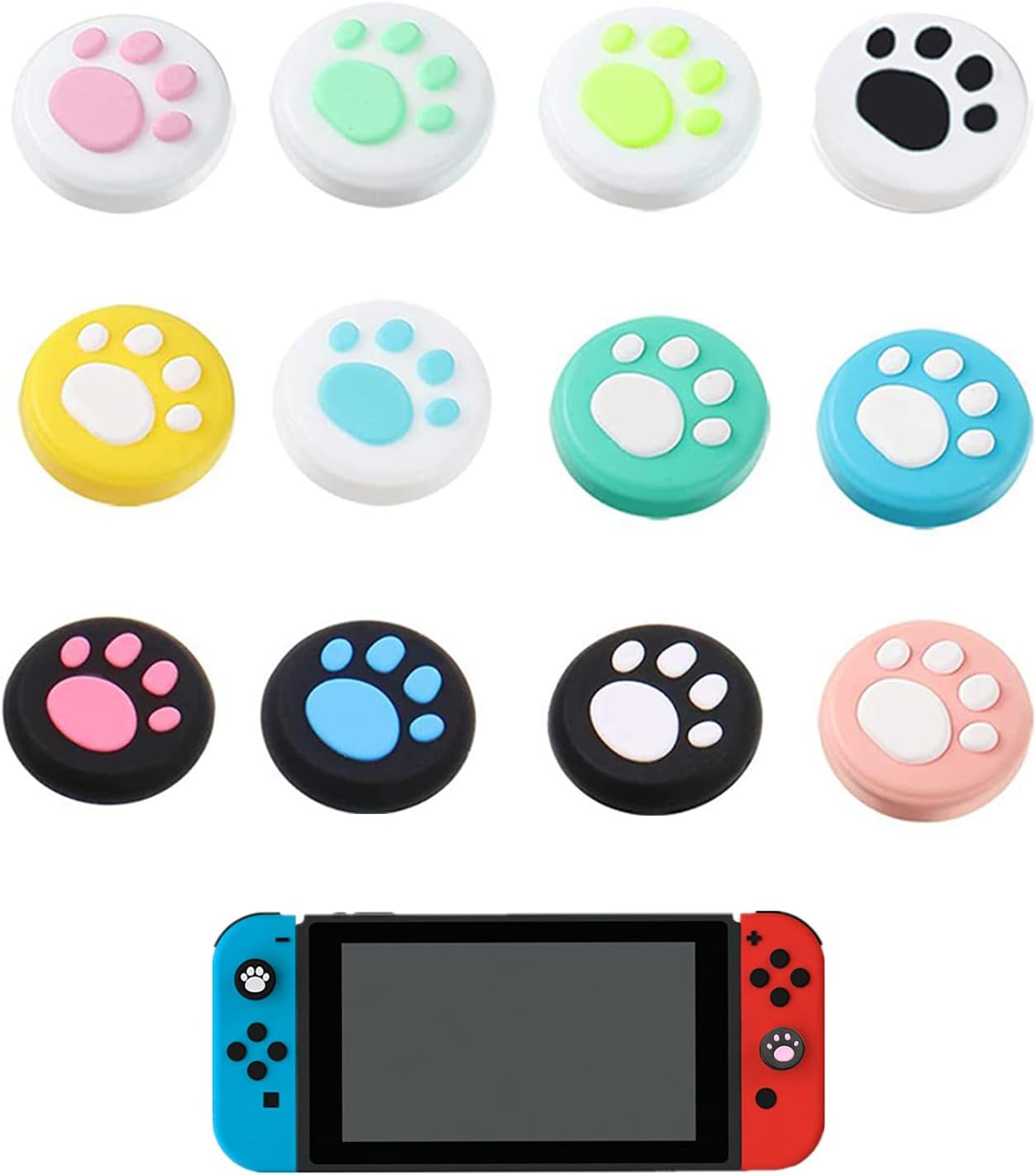 12Pcs Cartoon Cat Paw Button Caps Thumb Grips Set,Cute Cartoon Paw Cat Switch Thumb Grip Caps,Silicone Cartoon Paw Cat Thumb Caps,Soft Silicone Anti-slip Thumbstick Cover Switch Thumb Grip Caps