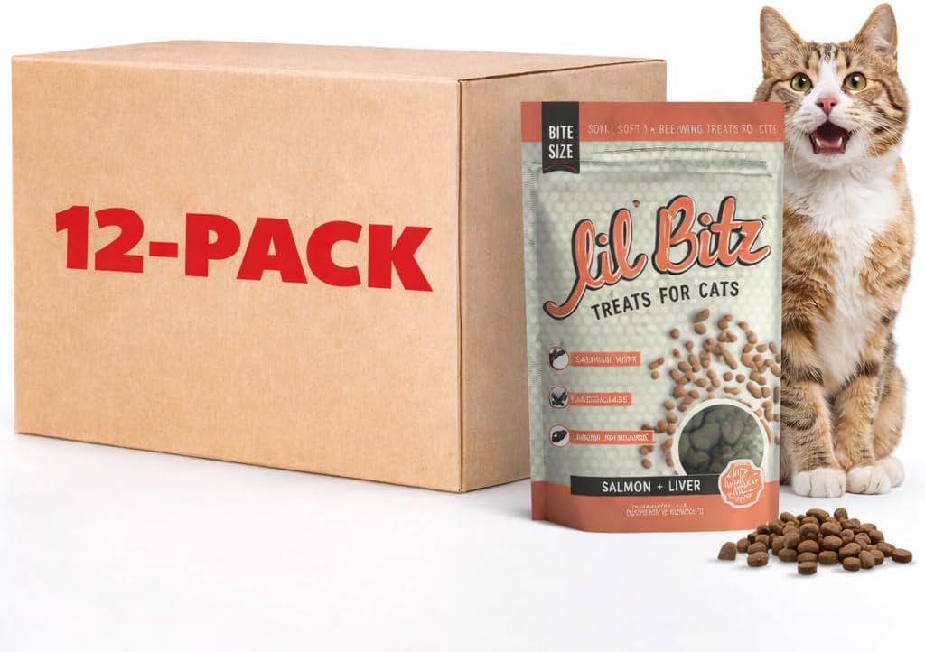 Lil' Bitz Soft & Chewy Cat Treats, Bite Size Rewarding Treats for Cats, Made with Natural Ingredients, Salmon & Liver Flavor, Perfect for Training & Bonding, 12 Pack (3 oz Each)