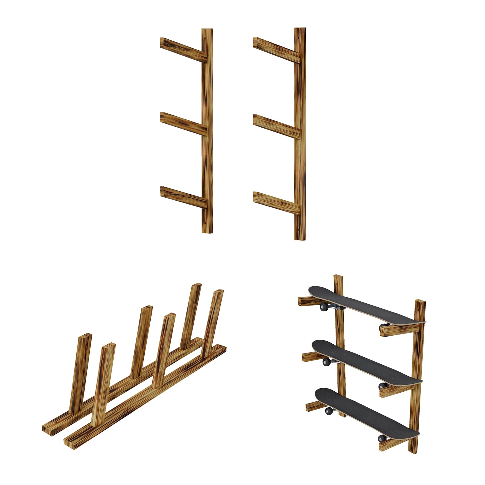 QLS Supporto da parete in legno di pino per 3 paia di skateboard, snowboard e sci, mensola da parete, salvaspazio, larghezza regolabile, stabile, 100 x 5 x 29,5 cm
