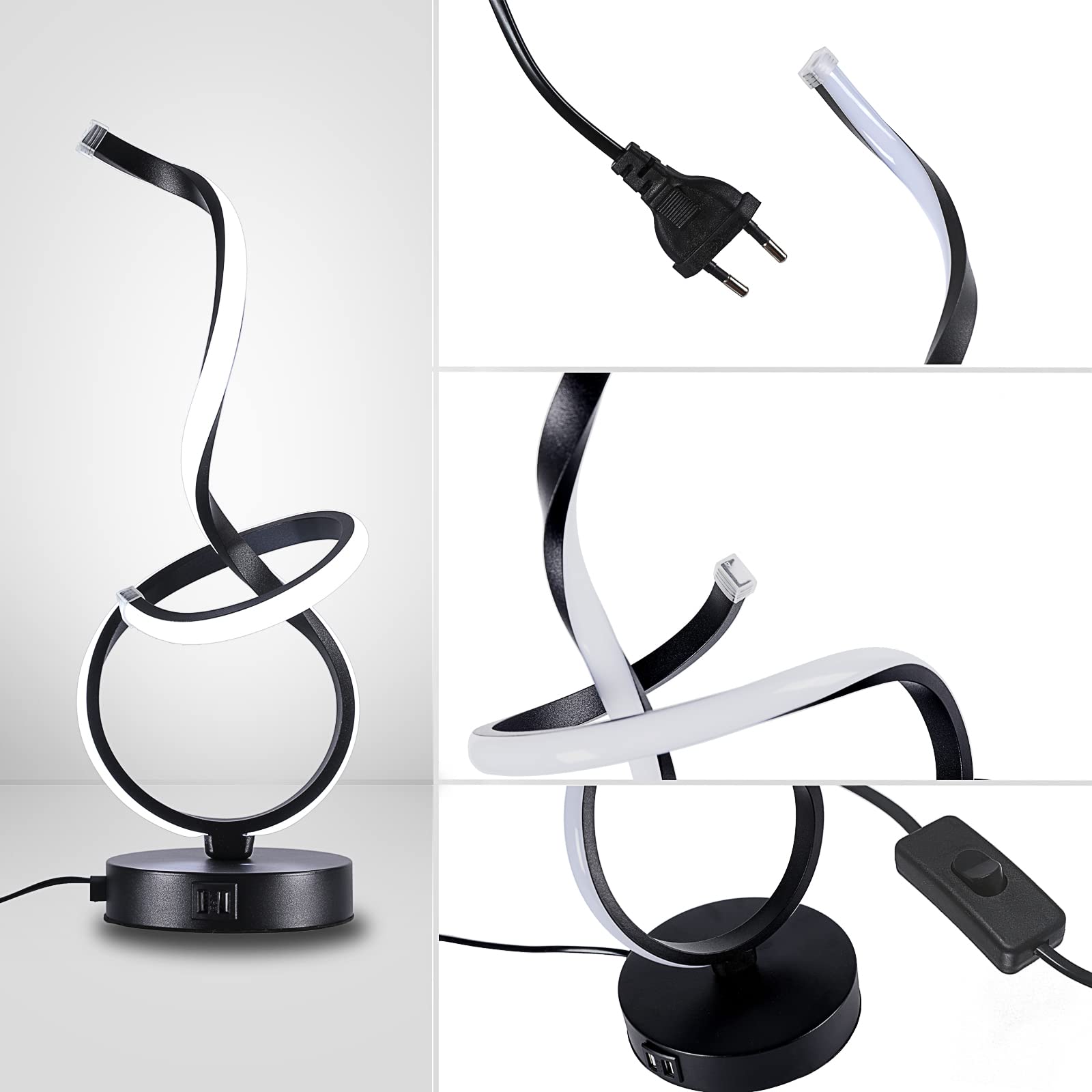 Tischlampe mit 2 USB Ladeanschlüssen Kreative Moderne LED Schwarze Leselampe für Arbeitszimmer Schlafzimmer Bürolampe Nachttisch Schreibtischlampen Kühles Weißes Licht 16W