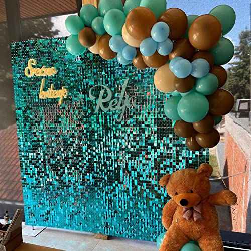 Image of COKAOBE Turquoise Blue Shimmer Wall Backdrop, 24PCS Square Sequin Shimmer Backdrop Panel, Photo Backdrops for Birthday, Anniversary, Wedding, Graduation & Bachelorette Party Decoration
