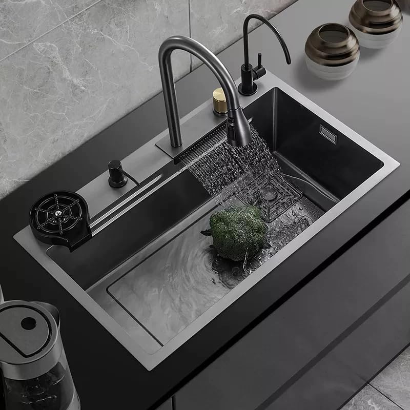BOWLS & MORE | WATERFALL KITCHEN SINK ANTI-SCRATCH DESIGN, INTEGRATED WATERFALL, PULL-DOWN FAUCET, CUP WASHER, 30"X18"X10". HANDMADE, HEAVY-DUTY 304-GRADE NANO WHITE STAINLESS STEEL | WHITE (Black) (B0CM299QW2) Amazon Price History, Amazon Price Tracker