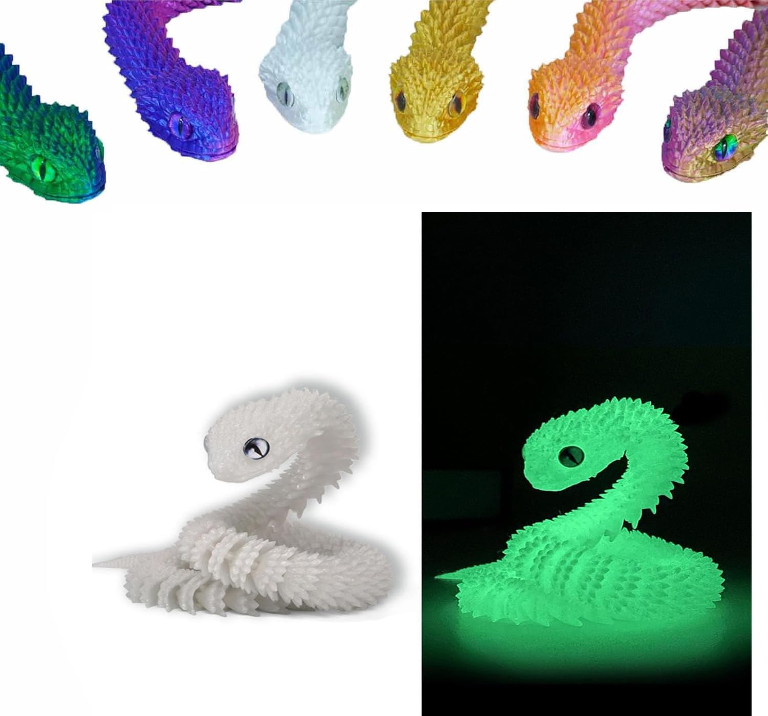 3D Printed Animals Snake Toys, 3D Printed Snake Movable Joint ,3D Printed Fidget Toys for Home Office Decor, 3D Printed Animals Toy Adults Fidget Toys (Fluorescent Green, M)