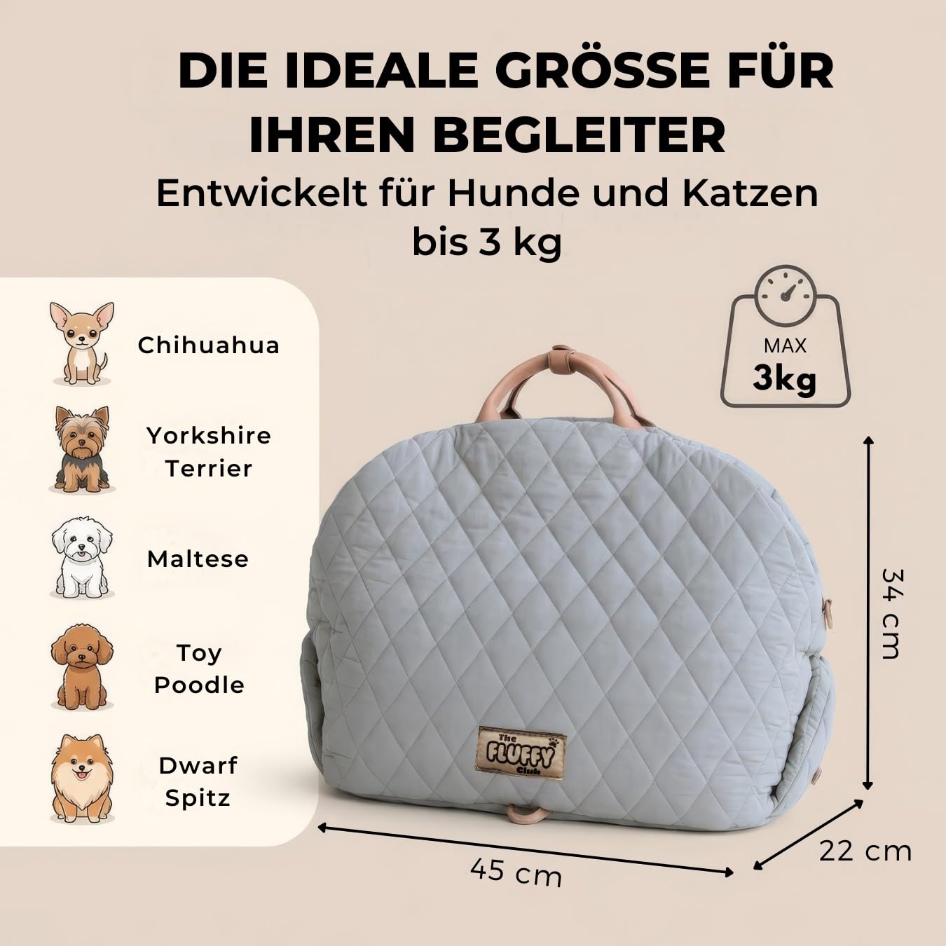Hundetransporttasche fürs Auto Hundesitz | Tragetasche kleine Hunde bis 3kg | Komfortable Tragetasche mit Polster, Schultergurt und Sicherheitsleine.