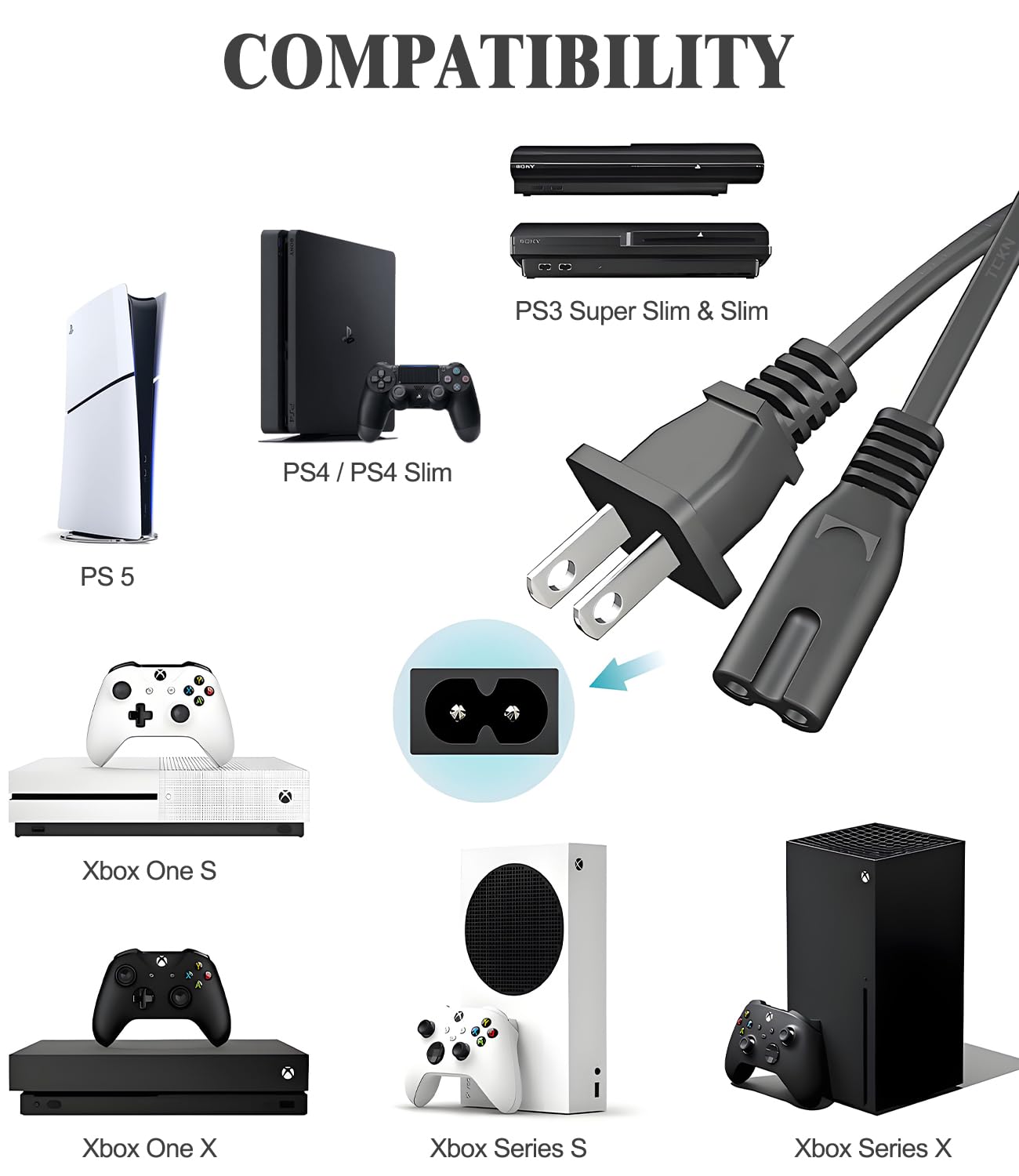 Netzteilkabel für Xbox Series S/X, Xbox One X/S, für Sony PS4 PS5 PS3 Slim PlayStation5 4 3 TV Drucker Universal Lautsprecher Ersatz