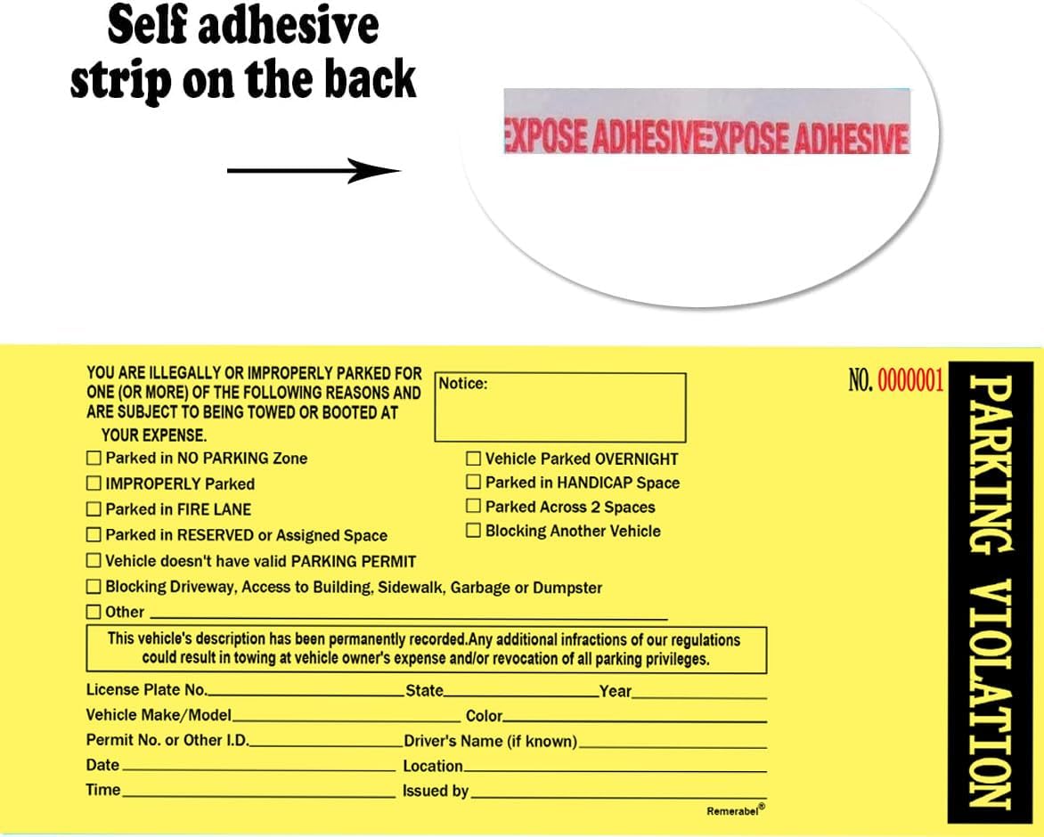 2 Part Parking Violation Ticket Carbonless Number Vehicle Illegally Parked Window Tag 8.5 x 4 inch Tow Warning Notice Parking Violation Ticket Pack of 50