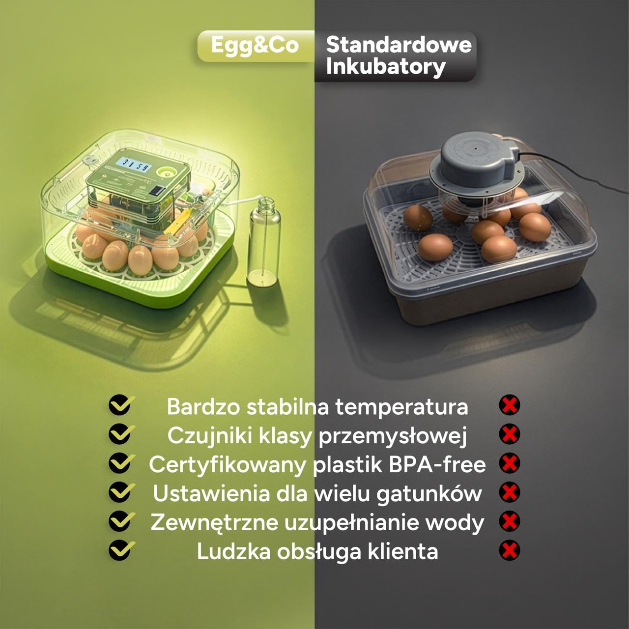 Egg&Co Start 12 – Automatyczny inkubator na 12 jaj kurzych (36 przepiórczych). Precyzyjna wilgotność, automatyczne obracanie, butelka i ovoskop w zestawie. Dla początkujących i zaawansowanych. | Osiągnij sukces od 1. inkubacji • W zestawie przewodnik Egg&