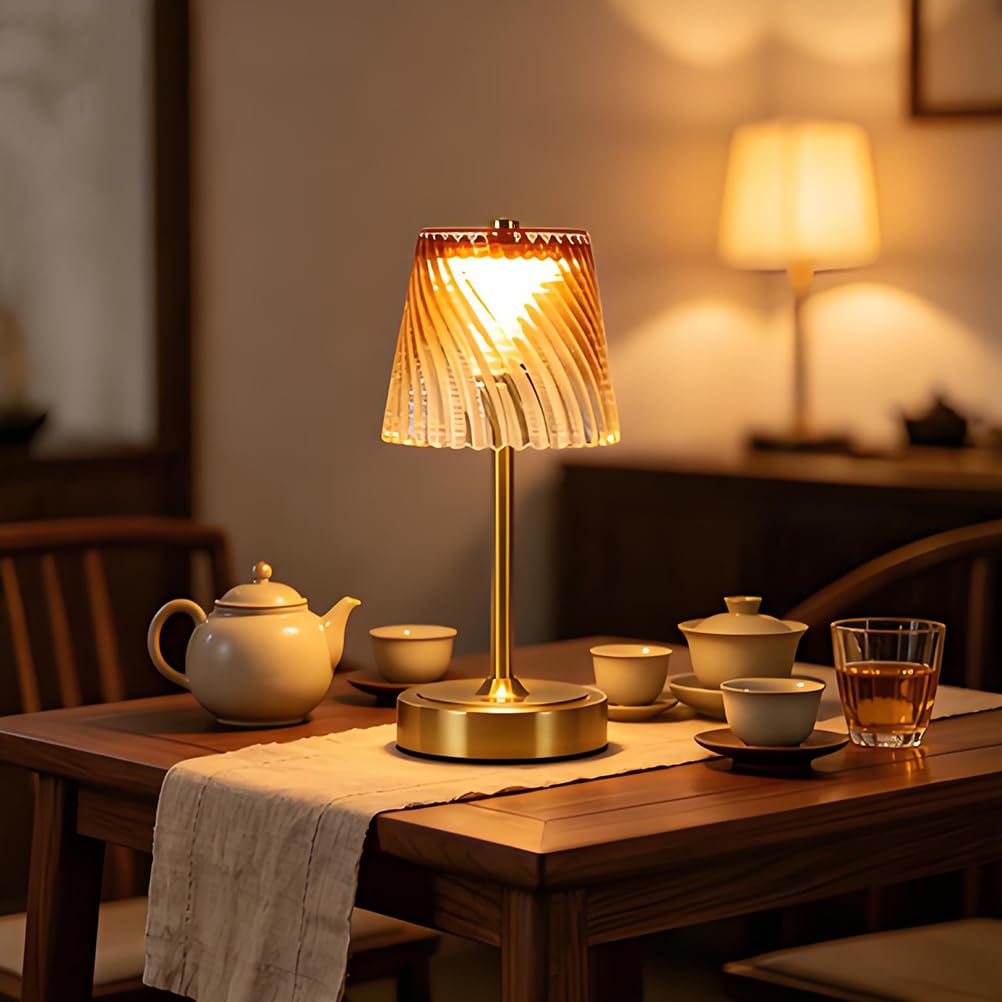 AoLa LED Vintage Tischlampe Kabellos Dimmbar mit Touch Control Akku Tischleuchte Gold USB Aufladbar Nachttischlampe Ohne Kabel Batterie Lampe mit Glas Lampenschirm Deko Lampe für Esszimmer Bartheke,G