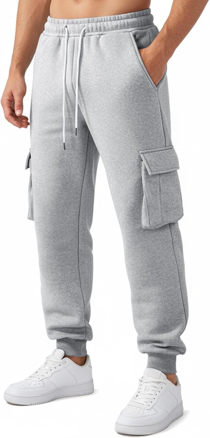 Wangdo Mens Cargo Sweatpants Heavyweight Elastic Waist Fleece Lined Joggers for Men with Pockets Baggy Drawstring Track Pants - Image 4