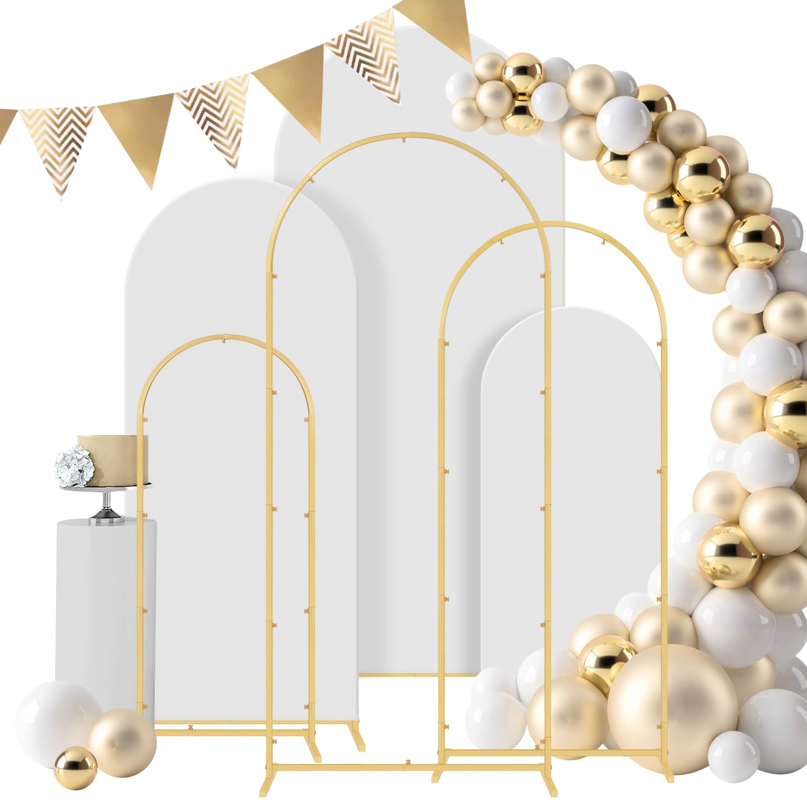 Photo 1 of Gawicpy Wedding Arch Backdrop Stand Set Metal Arch Backdrop Stand with Wedding Arch Cover, Wedding Balloon Arch Backdrop Stand for Birthday, Baby Shower, Anniversary (White, 4FT+5FT+6FT)