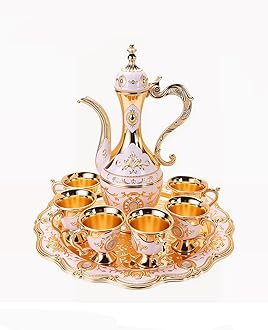 Vintage Turkish Coffee Pot Cups Set with Tray and 6 Cups Retro Coffee Pot Cups Set Exquisite Wine Pot Set Decorative Vintage Tea Service Set for Home Party Decor (Golden White)