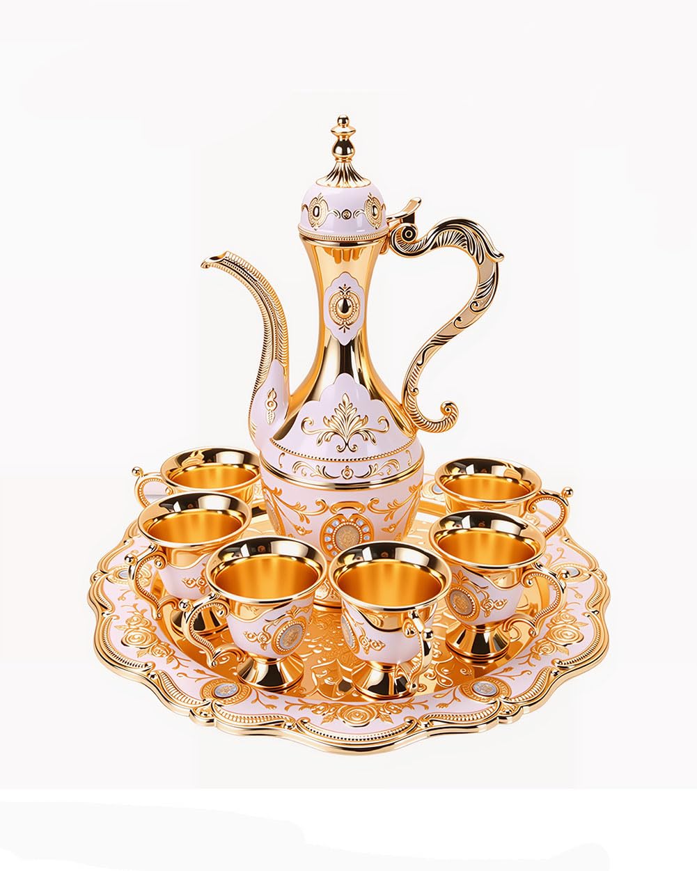 Vintage Turkish Coffee Pot Cups Set with Tray and 6 Cups Retro Coffee Pot Cups Set Exquisite Wine Pot Set Decorative Vintage Tea Service Set for Home Party Decor (Golden White)