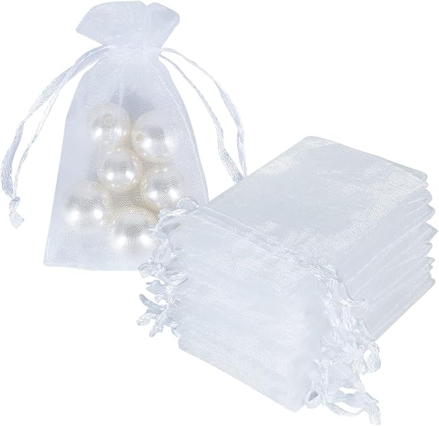 HRX Package Small Gift Bags, 100pcs White Organza Bags Mini Lavender bags for Jewellery Wedding Favour Bags Drawstring Little Sweet Mesh Pouches (5x8cm)