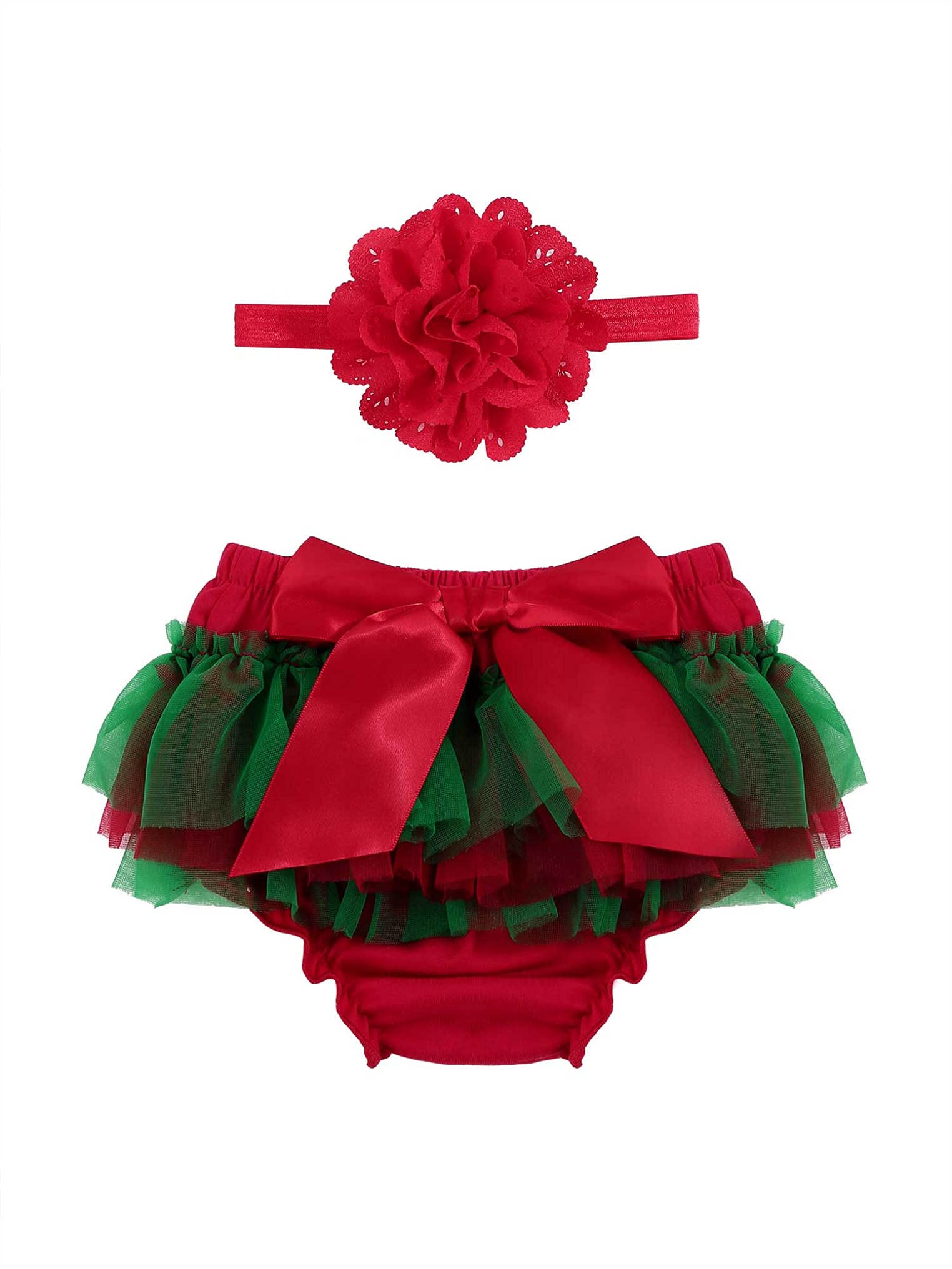 Kaerm Baby Girls Ruffle Tutu Bloomers Newborn Bowknot Tulle Diaper Cover Briefs Shorts Red&Green 0-3 Months