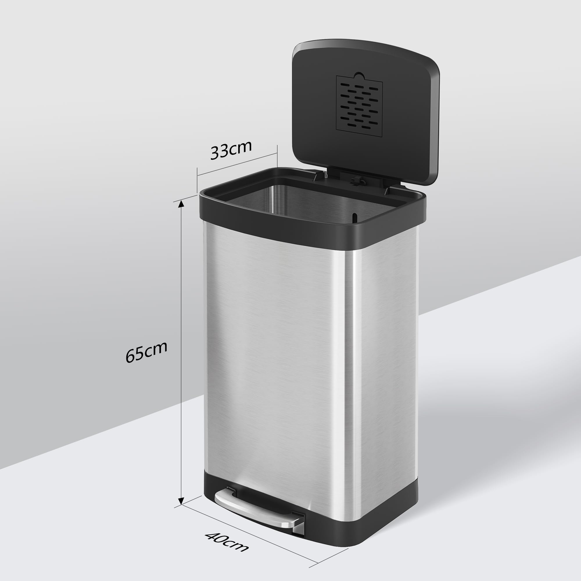 WLIVE Mülleimer Küche 55 Liter, Großer Treteimer mit Softclose-Deckel, Klemmring für Müllsäcke, geruchsdichter Abfalleimer für Küche, Büro oder Schlafzimmer, Silber