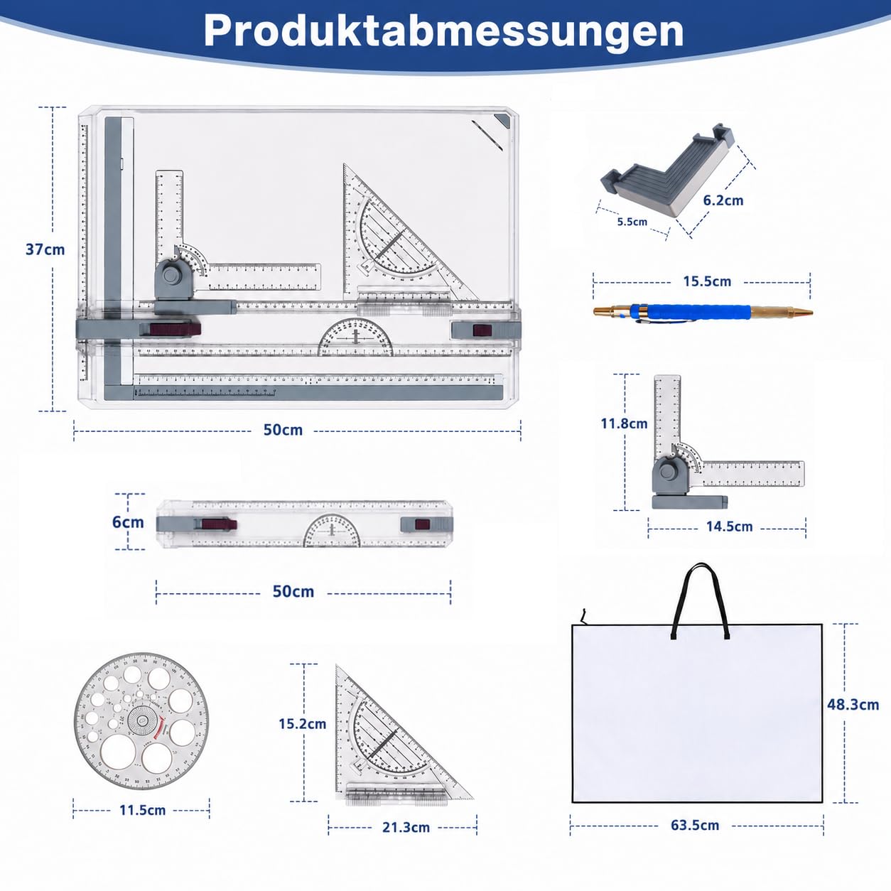 Multifunktions Zeichenplatte A3 Set, DIN A3 Zeichenplatte mit Zeichnungswerkzeuge Zirkel Zeichenstift und Stiftpackung Zeichenplatte Geo-Board für Office Arbeiten Ingenieure Designer Studenten Studium
