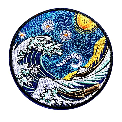 Wikineon Iron On Embroidered Patch, Japanese Great Wave & Kanagawa Sun - Applicable To Badge Iron On Sew On Emblem Patch Diy Accessories Perfect For Jackets, Clothes, Hats & Jeans #TOP5