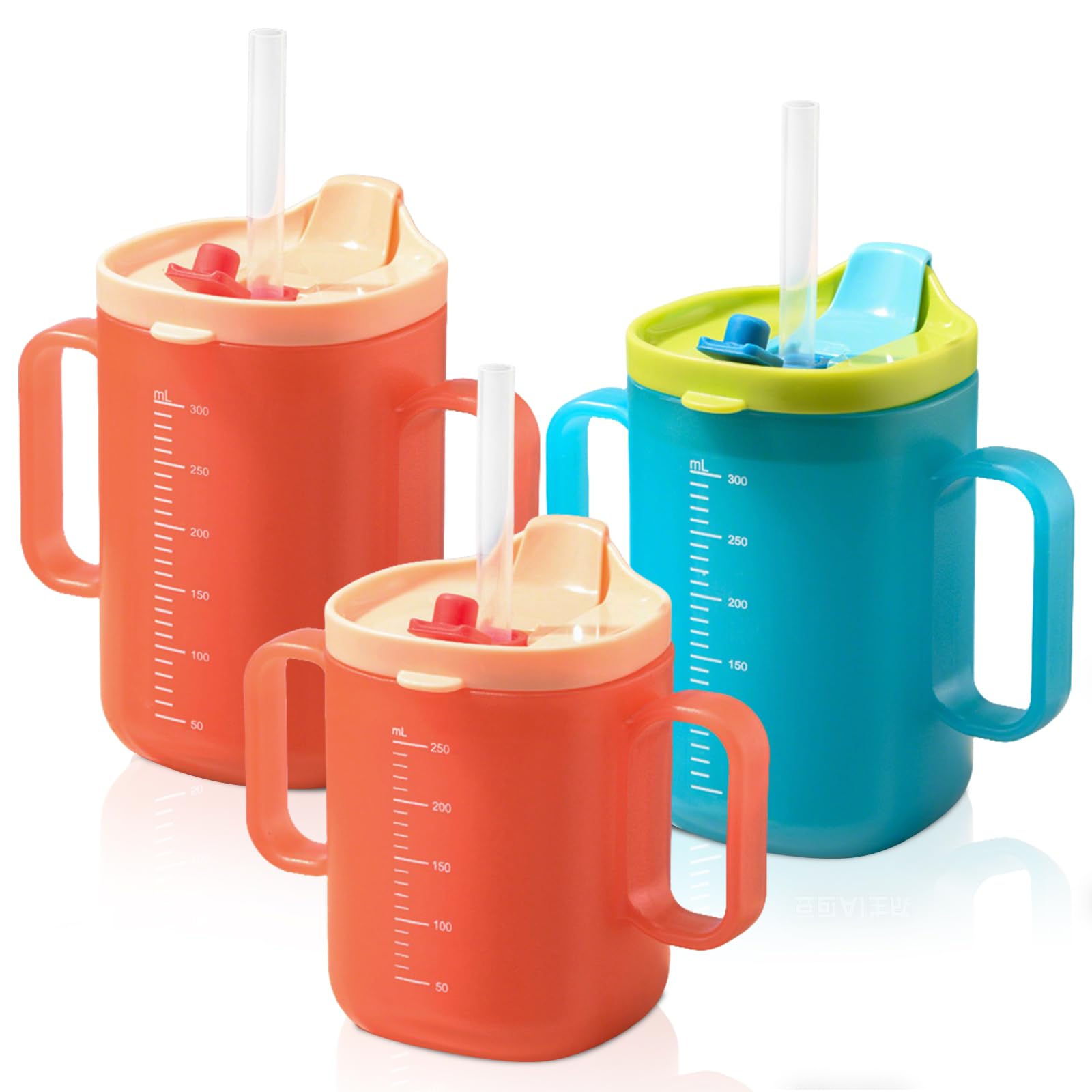 BAIFULAI 3 tazze con becco per anziani, 300 ml + 250 ml, a prova di perdite, con doppio manico e cannuccia, indicatore di capacità, per anziani e donne incinte