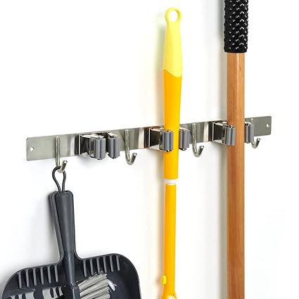 Broom Bar by Wrap-It Storage - Broom Holders with Hooks - Mop and Broom Holder Wall Mount for Storage Under Your Laundry Shelf or Garage for Easy Home Organization