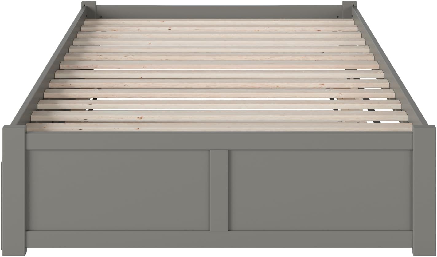 BOWERY HILL Modern Wood Queen Platform Panel Bed with Trundle, Gray Finish, Solid Hardwood Construction, Minimalist Design, Twin XL Trundle, Durable Bedroom Furniture for Extra