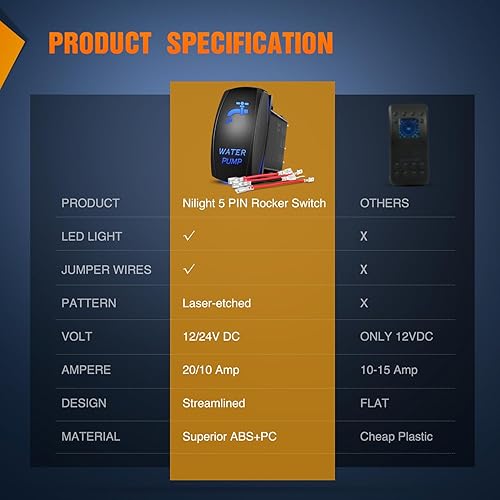 Miniatura 9 de Nilight Interruptor basculante de bomba de agua de 5 pines, interruptor SPST de encendido y apagado láser de 20 A12 V 10 A24 V, interruptor de