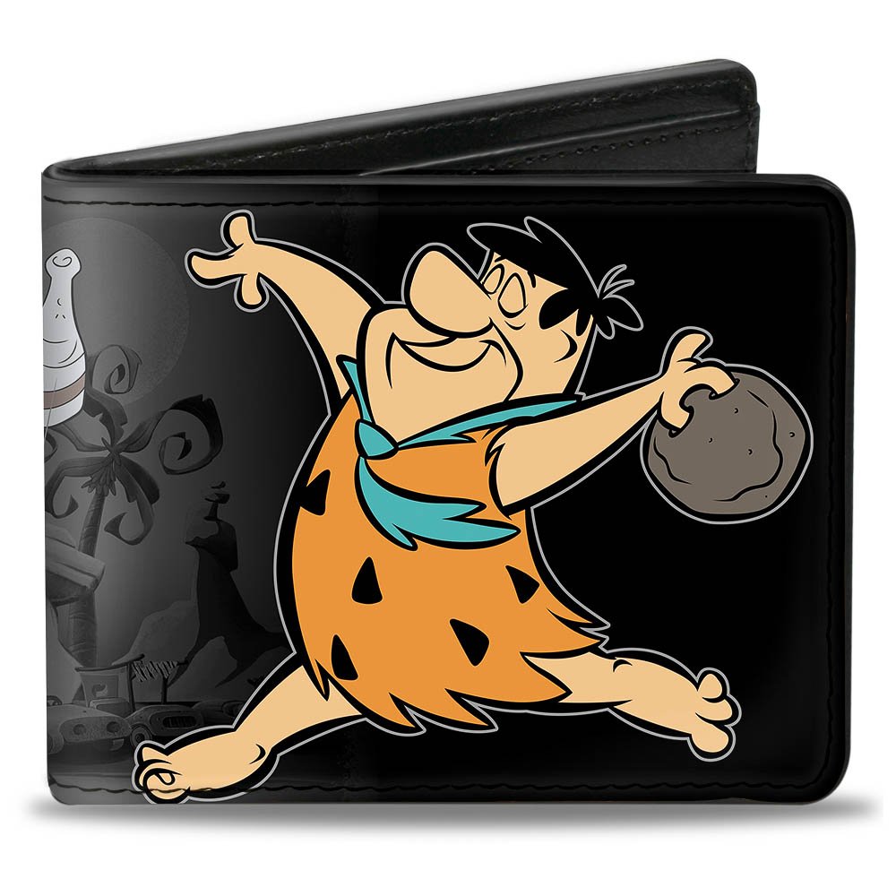 Buckle-Down PU Bifold Wallet - Fred Bowling Pose + BEDROCK BOWL/Bowling Pins Black/Grays