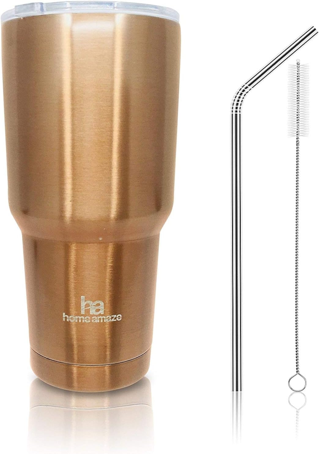 home amaze Stainless Steel Tumbler, Vacuum Insulated Travel Mug with Spill-Proof Lid, Straw and Cleaning Brush (30 oz) (Copper)