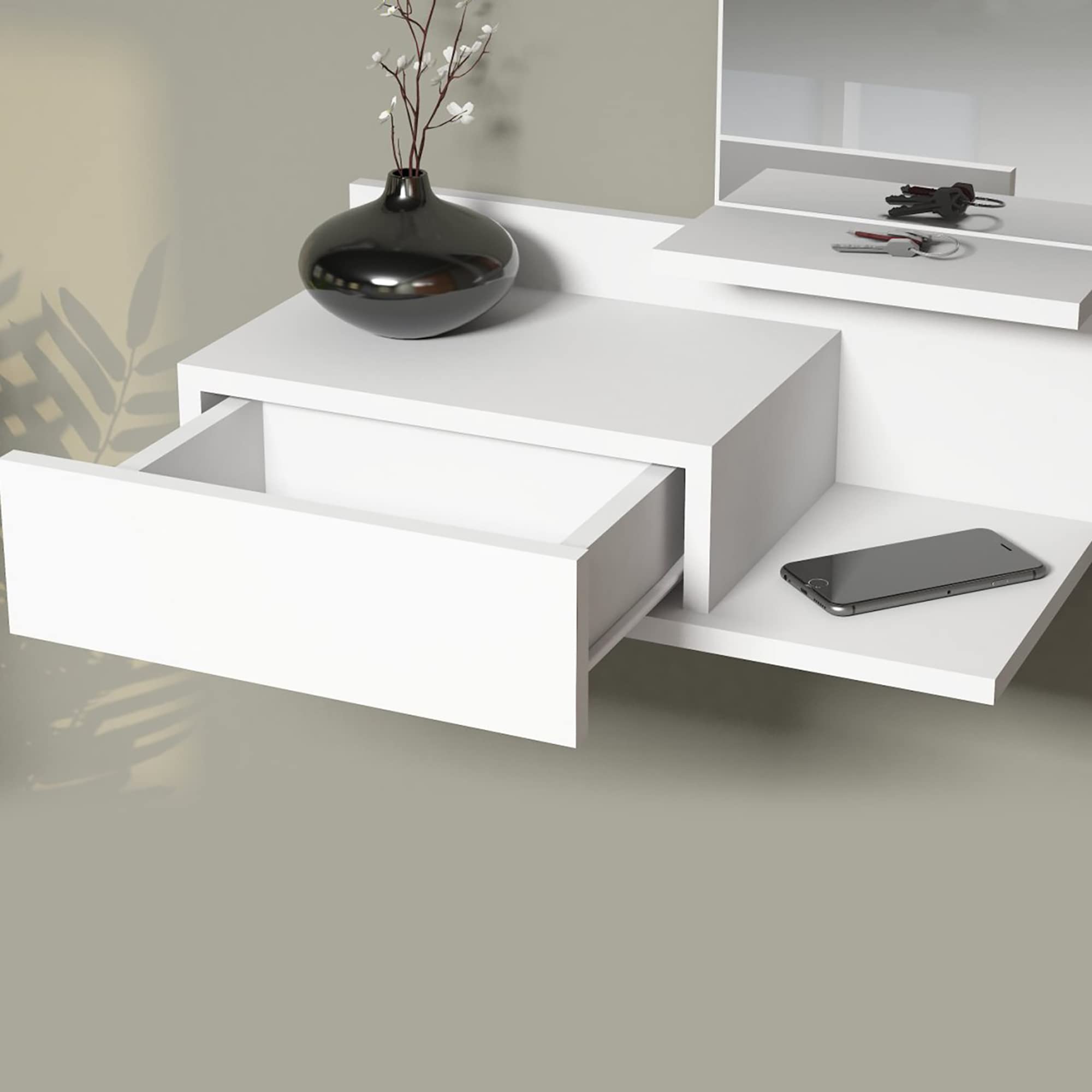 [en.casa] Mensola da Parete con Cassetto e Specchio (A x L x P) 80 x 60 x 30 cm Mobile da Ingresso - Bianco