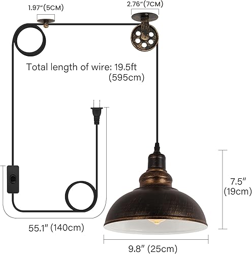 Miniatura 3 de Lámpara colgante industrial con polea de enchufe con interruptor de encendidoapagado de cable de 19.5 pies, lámpara de techo colgante vintage de