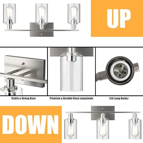 Miniatura 7 de Tangkula Lámparas de tocador de baño de 3 luces, apliques de pared modernos con pantalla de vidrio transparente con base E26, iluminación de pared