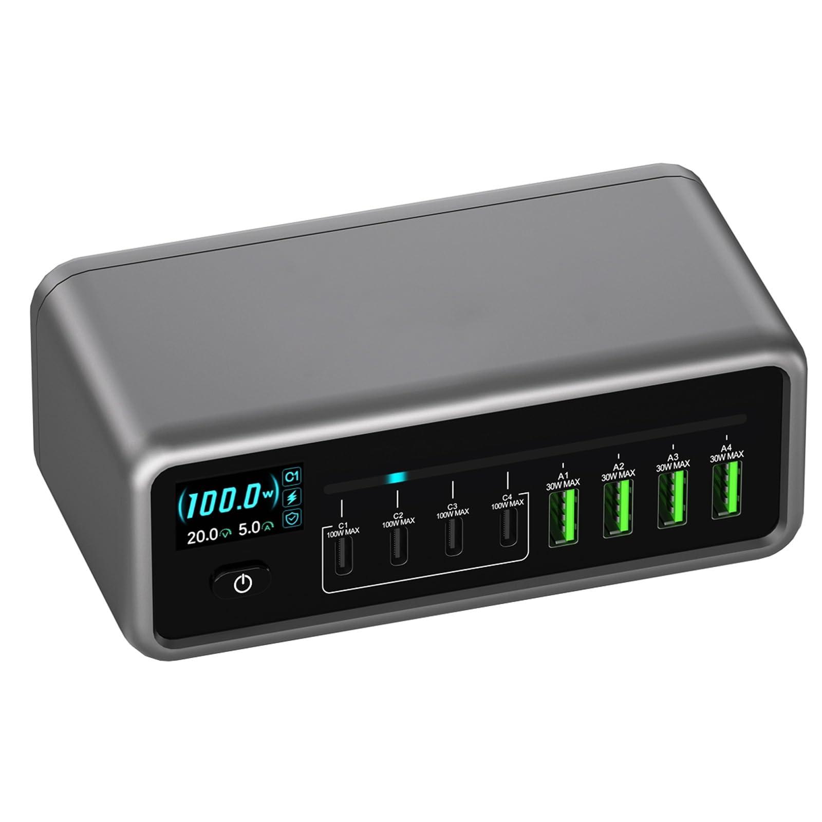 Ładowarka USB-C 200 W, 8-portowa stacja ładująca, wiele portów USB, wyświetlacz LCD, z 4 portami USB-C 100 W i 4 portami USB-A 30 W, do laptopa/telefonu