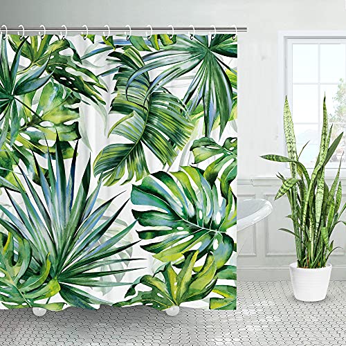 LIVILAN Tropical Shower Curtain, Green Shower Curtain, Plant Shower Curtain, Leaf Shower Curtain, Botanical Shower Curtain Set with 12 Hooks, Jungle Shower Curtain for Bathroom Curtain Decor, 72"X72"