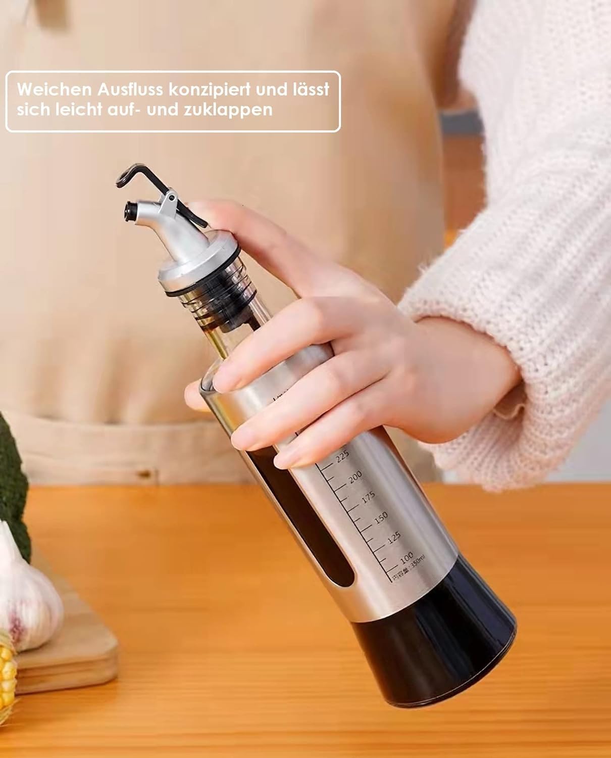 HomeCloud Stainless Steel And Glass Oil Dispenser Bottle With Measuring Scale | Perfect For Olive Oil, Sauces, And Vinegar | Leak-Proof Auto Flip Non-Drip Spout, 300 ML 3