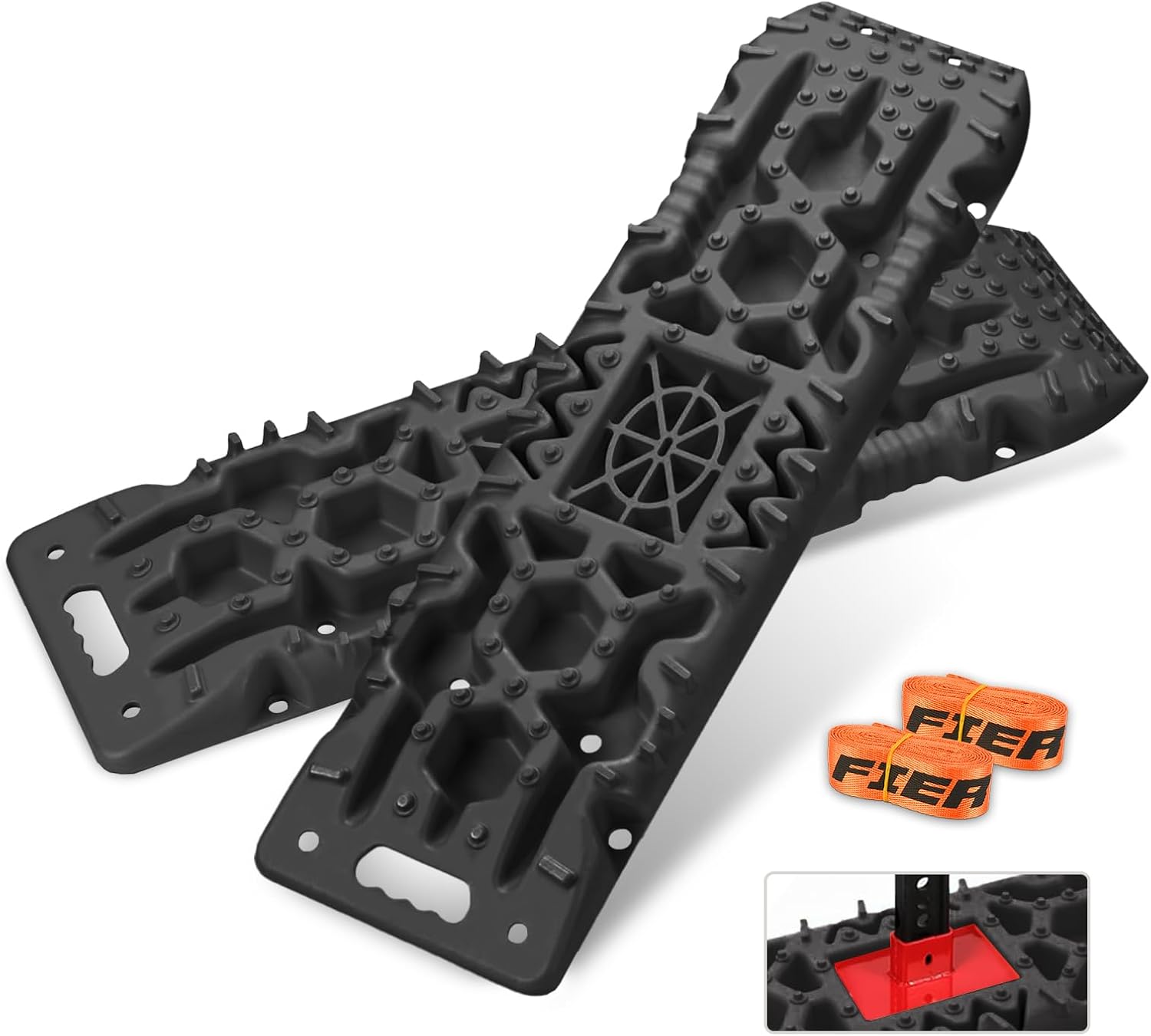 FieryRed Traction Boards Offroad, Recovery Boards with Jack Lift Base, 2Pcs Traction Mat Recovery Tracks for Sand Mud Snow Track Tire Ladder 4X4, Come with 2 Leashes, Black GEN2th