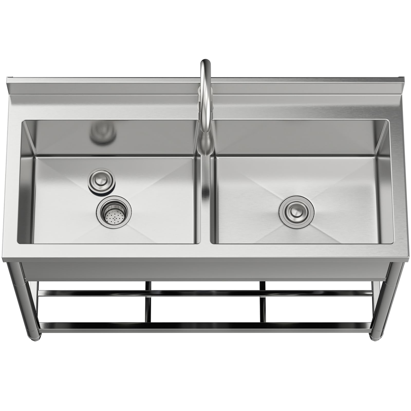 Lavello Indipendente in Acciaio Inox 2 Vasche, Lavandino Industriale con Rubinetto, Lavandino da Esterno, Lavello Professionale per Cucina, Garage, Lavanderia, Ristorante, 55P x 120L x 94H cm