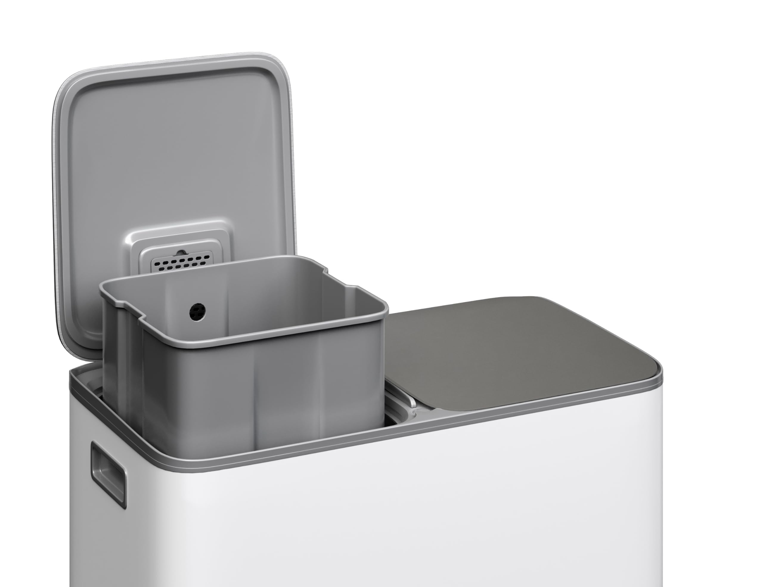 Garvee Mülleimer Küche 2 x 40L Edelstahl – Doppelfach Mülltrennsystem | mit Soft-Close-Deckel, Tretmechanismus und herausnehmbaren PP-Inneneimern, Grau-Weiß