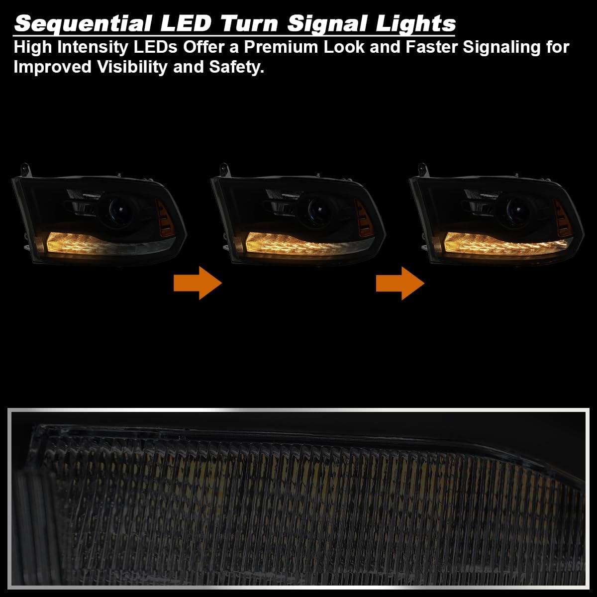SPEC-D TUNING LED Black Smoke Projector Headlights w/Switchback and Sequential Turn Signals Compatible with 2009-2018 Dodge RAM 1500/2500 / 3500, 2019-2024 RAM 1500 Classic, Left + Right Pair