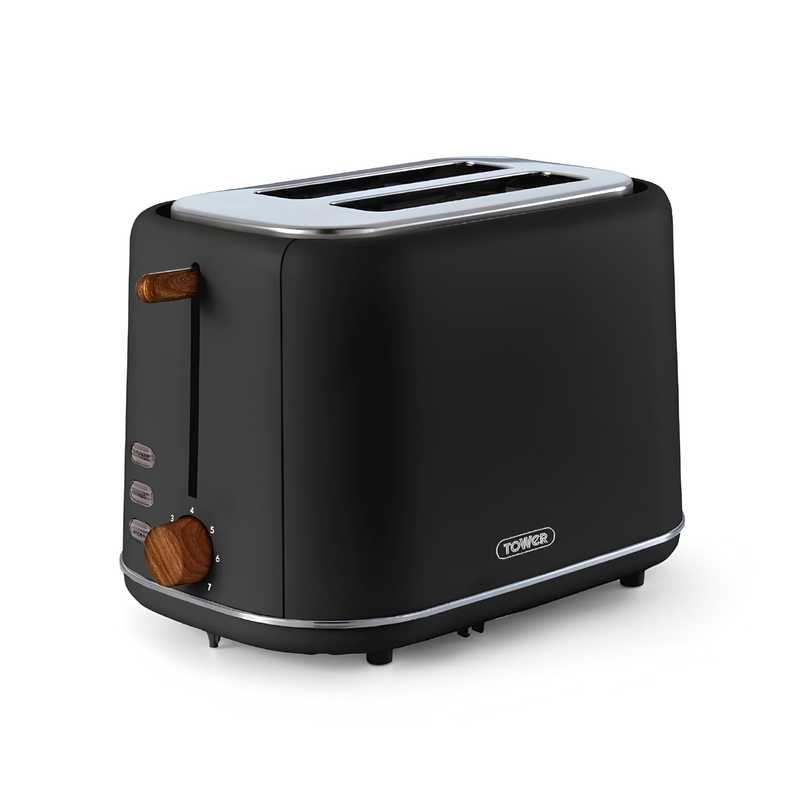 Tower T20027BLK Scandi 2 Slice Toaster with Adjustable Browning Control, Centring Function, 800W, Black