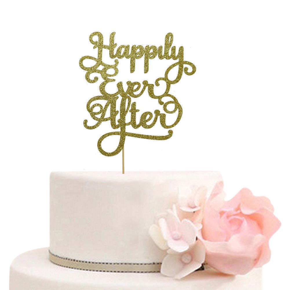 Happily Ever After Cake Topper for Bridal Shower Engagement Bachelorette Wedding Party Decorations Gold Glitter