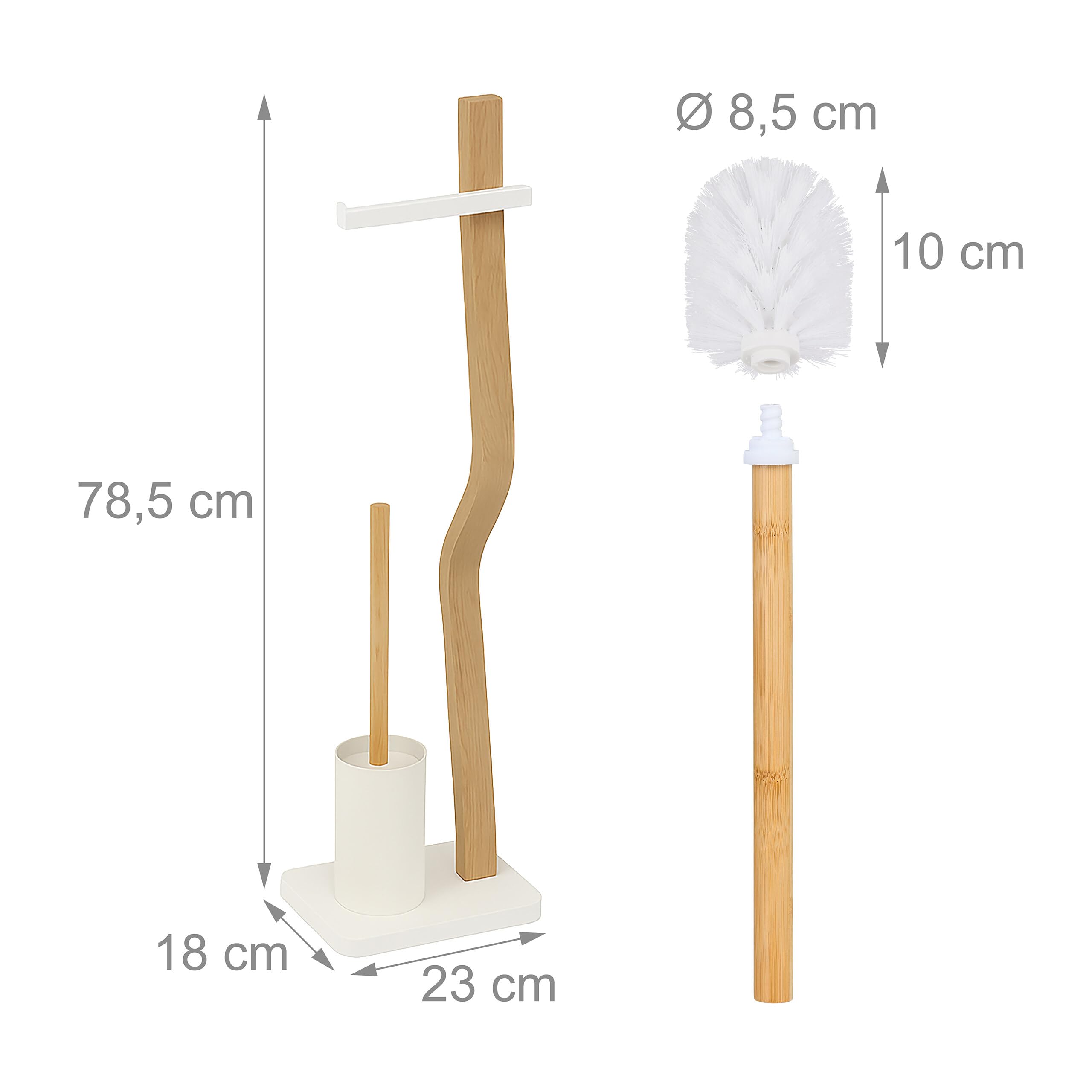 Relaxdays Piantana Portarotolo e Portascopino da Bagno, Rotolo Carta Igienica, HLP: 78,5x23x18 cm, Legno e Ferro, Bianco