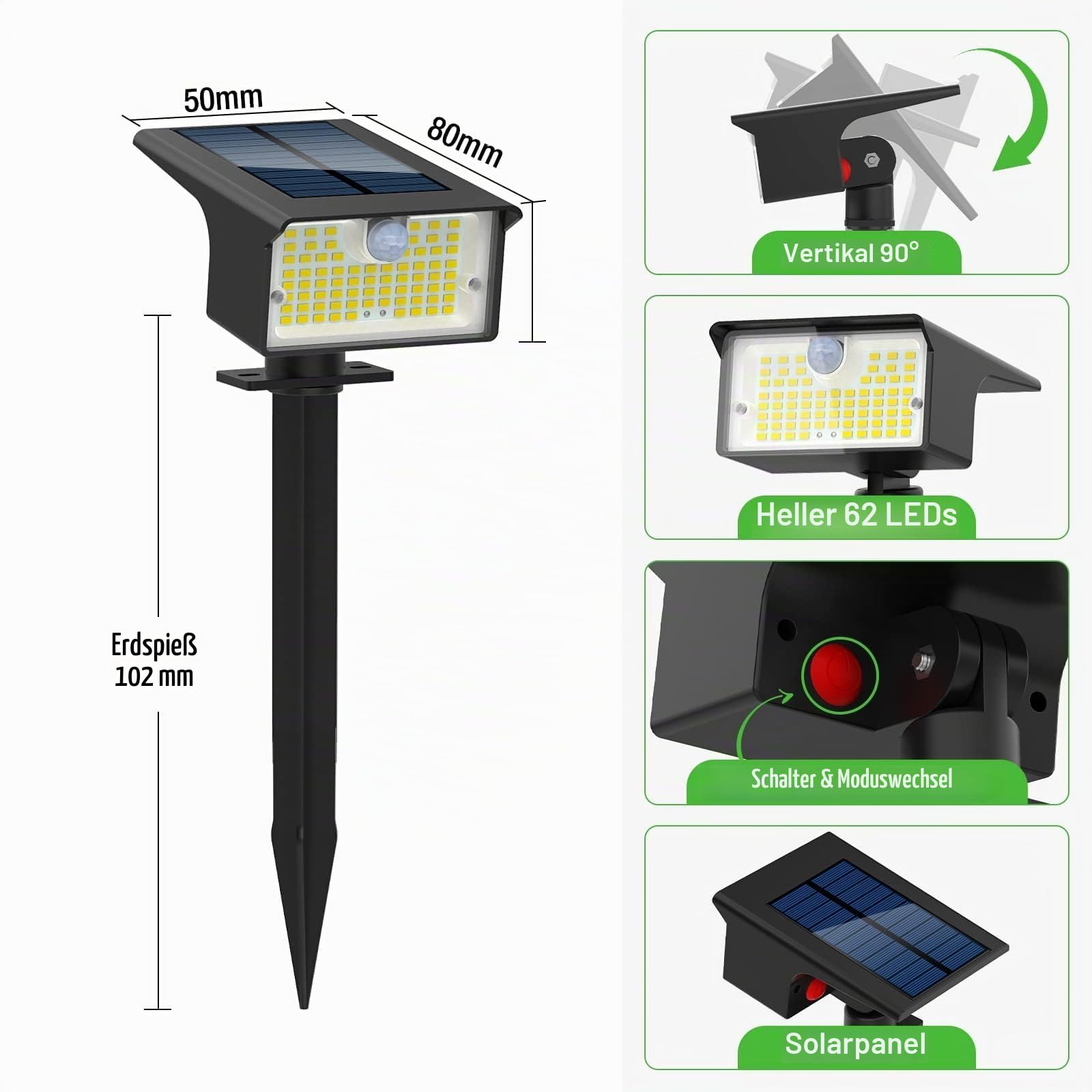 6 Stück Solarleuchte für den Außenbereich, mit Bewegungsmelder, 62 LEDs, Solar-Spot, für den Außenbereich, 3 Modi, Außenbeleuchtung, wasserdicht, IP65, Solarlicht, für den Außenbereich, für Garten,