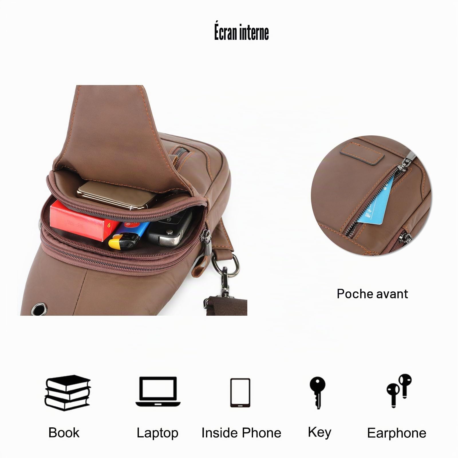 FANDARE Rétro Sac Poitrine Homme Sacoche Cuir Sling Bag Sacoche Ventrale Homme Sac Porté Epaule Sac a Dos Bandouliere Sac d'Epaule Pochette Sac Holster Personal Flex Bag Business Voyage Noir