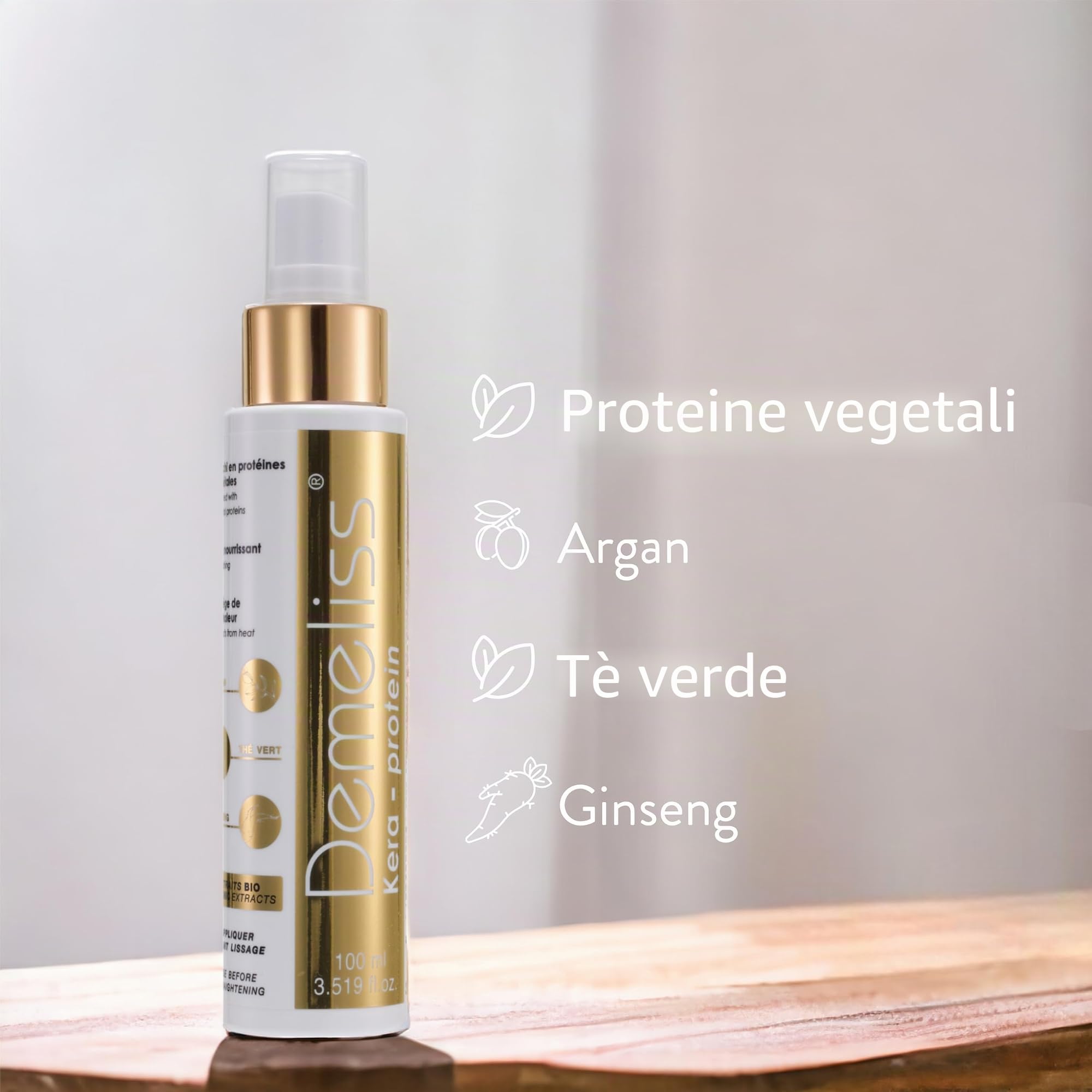 Demeliss Trattamento Termoprotettore KERA-PROTEIN 100ml - Con Cheratina - Prima della Piastra - Nutre e Protegge Capelli Ricci, Crespi, Secchi - Spray Professionale Anti Calore