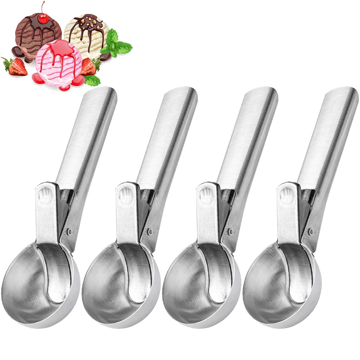 Ice Cream Scoop,Portable Stainless Steel Ice Cream Scoop with Trigger and Comfortable Handle,Icecream Scoop Spoon Perfect for DIY Ice Cream,Fruit,Cookie (4p-silver)