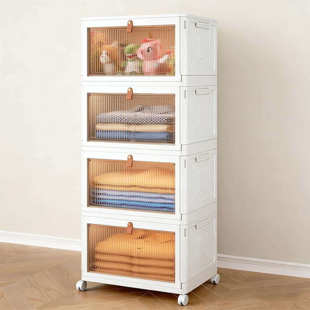 4 Tier Plastic Storage Bins and Boxes Organizer - Stackable with Lids for Bedroom, Living Room, Office - Foldable Containers
