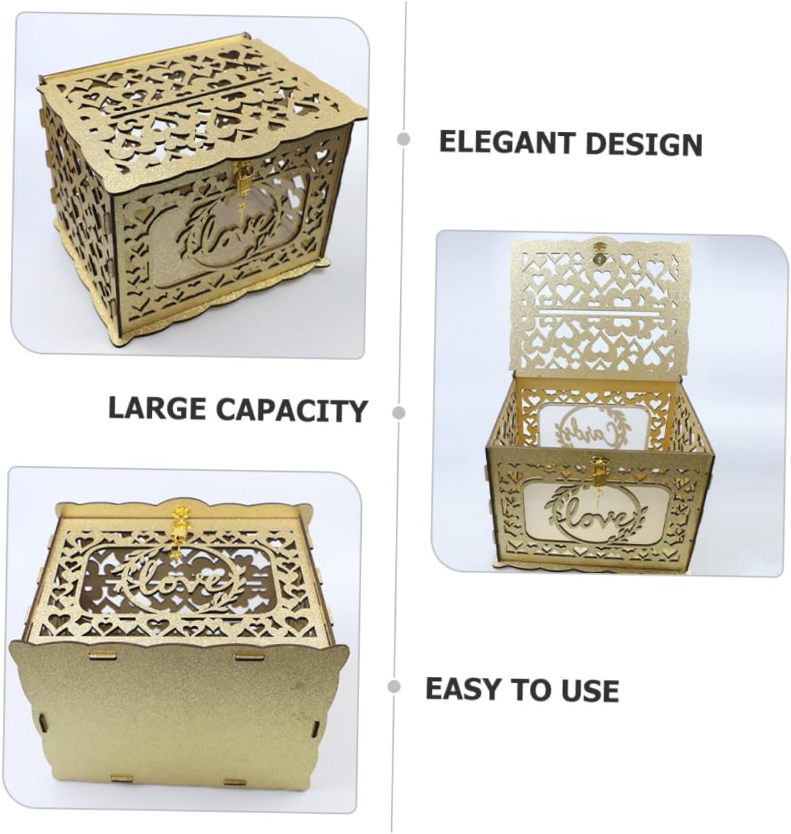 Wooden Hollow Glitter Card Box with Envelope Slot Anniversary and Wedding Blessing Card Container for Birthday Party Reception Decor